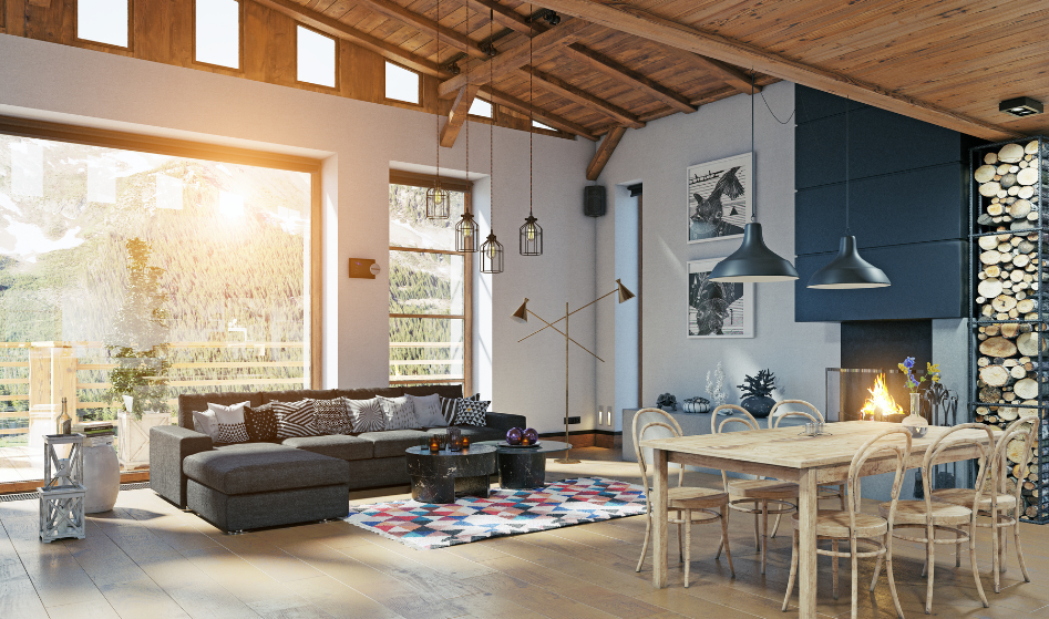 Diseño interior de sala con estilo escandinavo y muebles de madera clara
