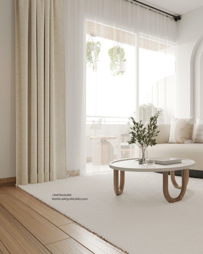 Diseño interior de sala con estilo escandinavo y muebles de madera clara Diseño interior de sala con estilo escandinavo y muebles de madera clara